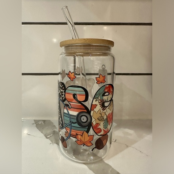 Fall Beer can glass drink-ware bamboo lid glass straw water nurse Christmas gift - Picture 2 of 4